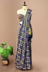 Blue Modal Silk Checks Ajrakh Printed Saree