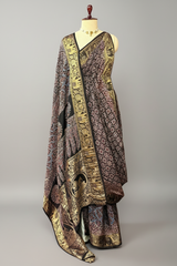 Black Silk Ajrakh Printed Saree with Elephant Motif Border