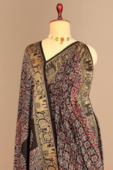Black Silk Ajrakh Printed Saree with Elephant Motif Border