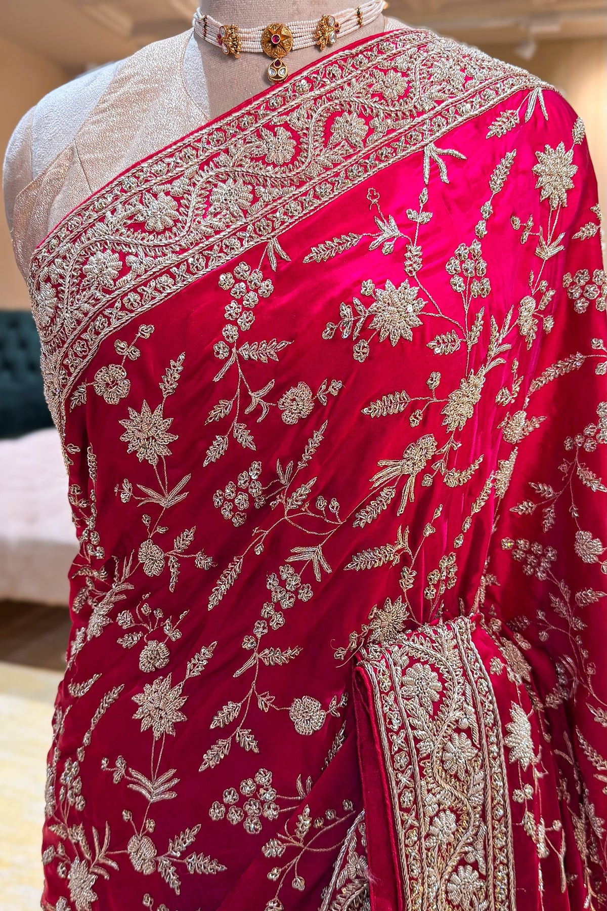 Pink Satin Silk Designer Zardosi and Sequin Worked Saree