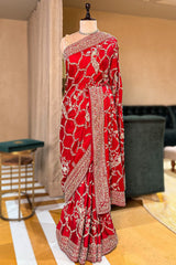 Red Satin Silk Designer Saree with Zardosi and Sequin Work