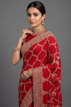 Red Satin Silk Designer Saree with Zardosi and Sequin Work
