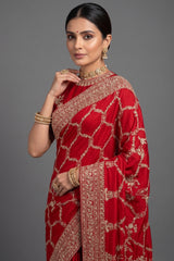 Red Satin Silk Designer Saree with Zardosi and Sequin Work