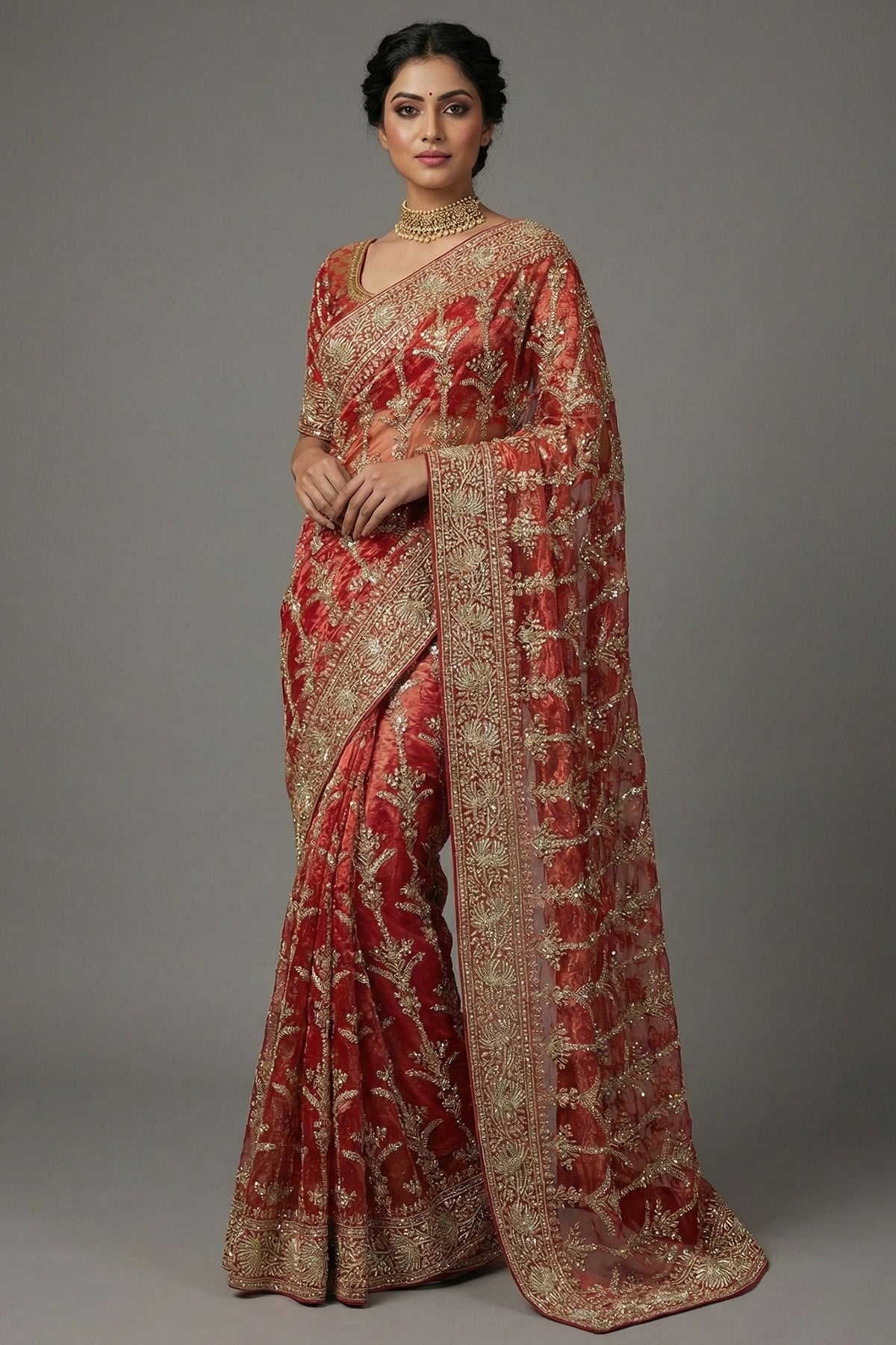 Rust Orange Organza Zardosi Worked Designer Saree