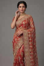 Rust Orange Organza Zardosi Worked Designer Saree