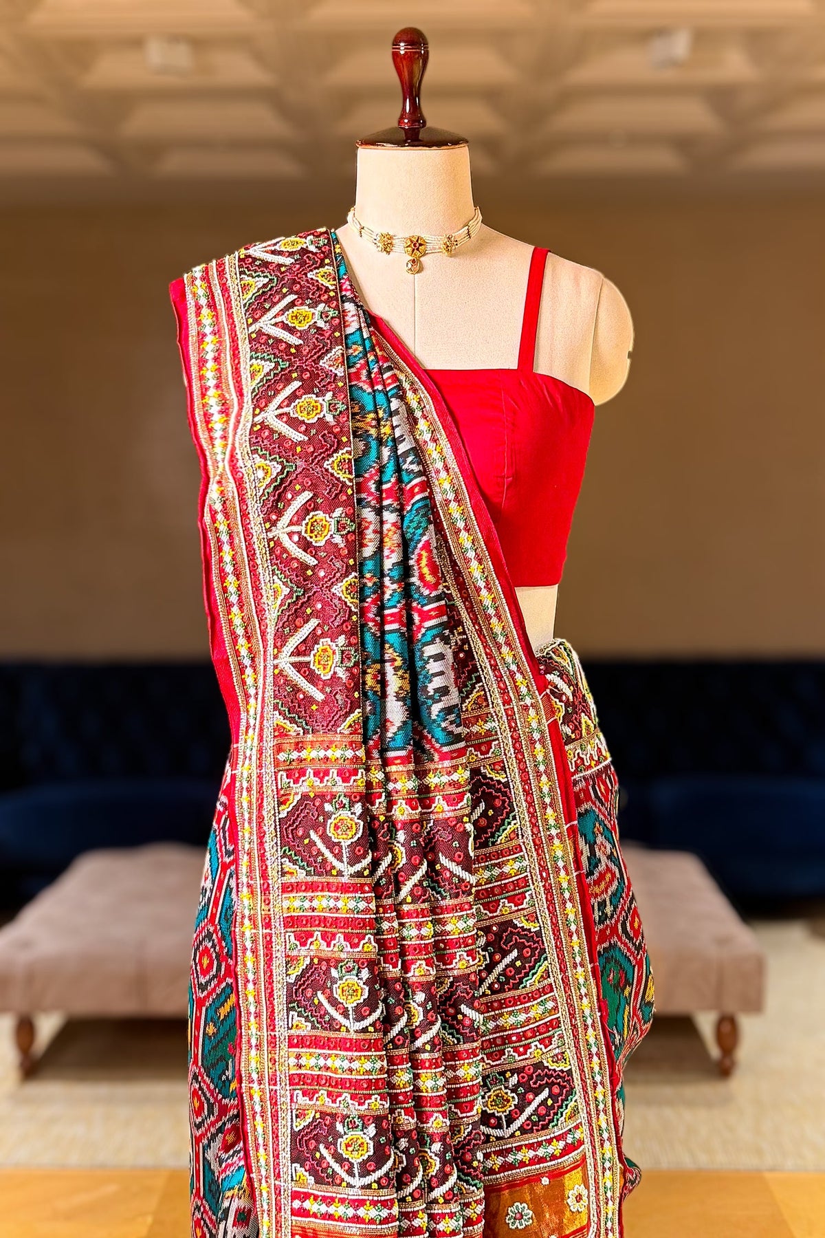 Green Silk Traditional Patola Saree with Multi Colored Bead and Mirror Work