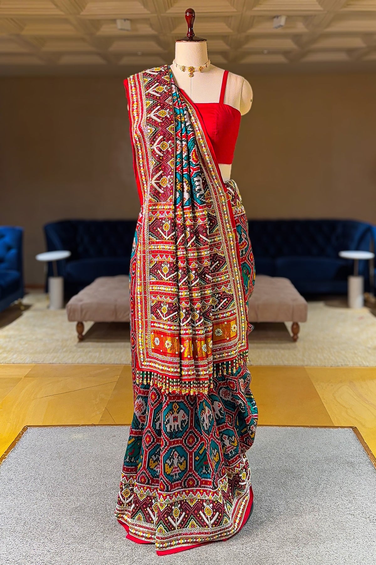 Green Silk Traditional Patola Saree with Multi Colored Bead and Mirror Work