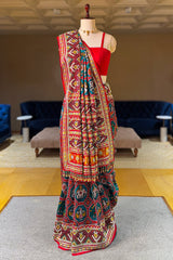 Green Silk Traditional Patola Saree with Multi Colored Bead and Mirror Work