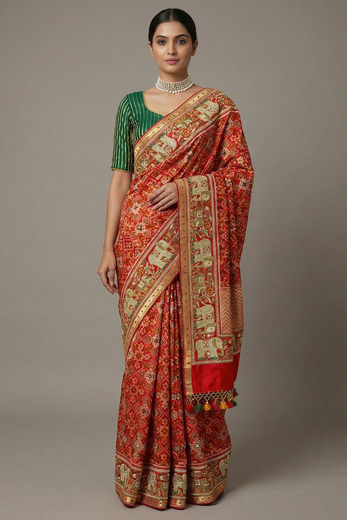 Red Silk Traditional Patola Saree with Handworked Elephant Motif Border