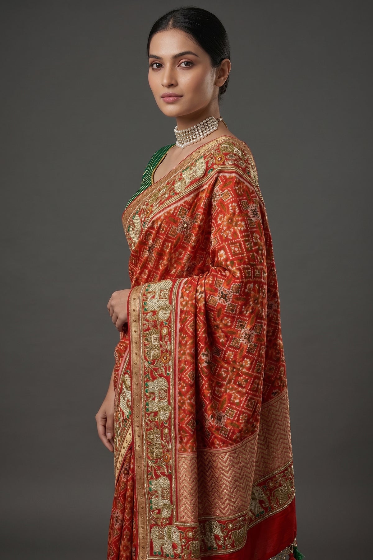 Red Silk Traditional Patola Saree with Handworked Elephant Motif Border