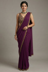 Purple Georgette Crepe Pre Draped Saree with Metallic Work Blouse