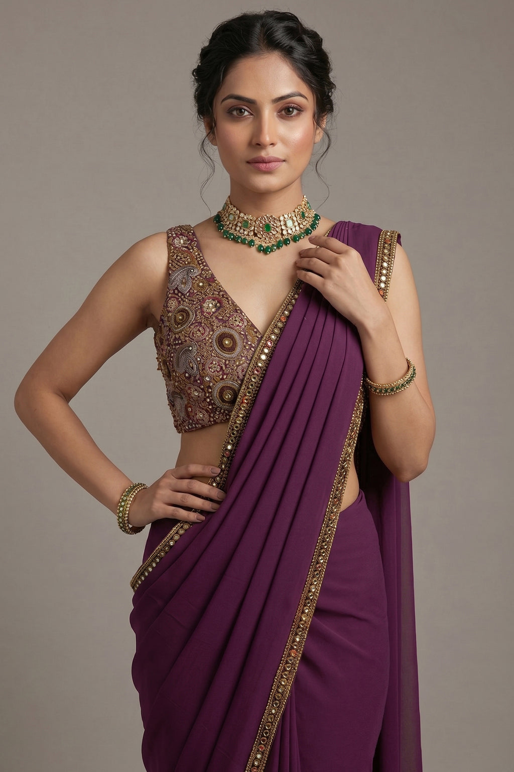 Purple Georgette Crepe Pre Draped Saree with Metallic Work Blouse