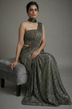 Grey Georgette Pre Draped Lehenga Style Saree with Cutdana Work Co-ord Set Blouse