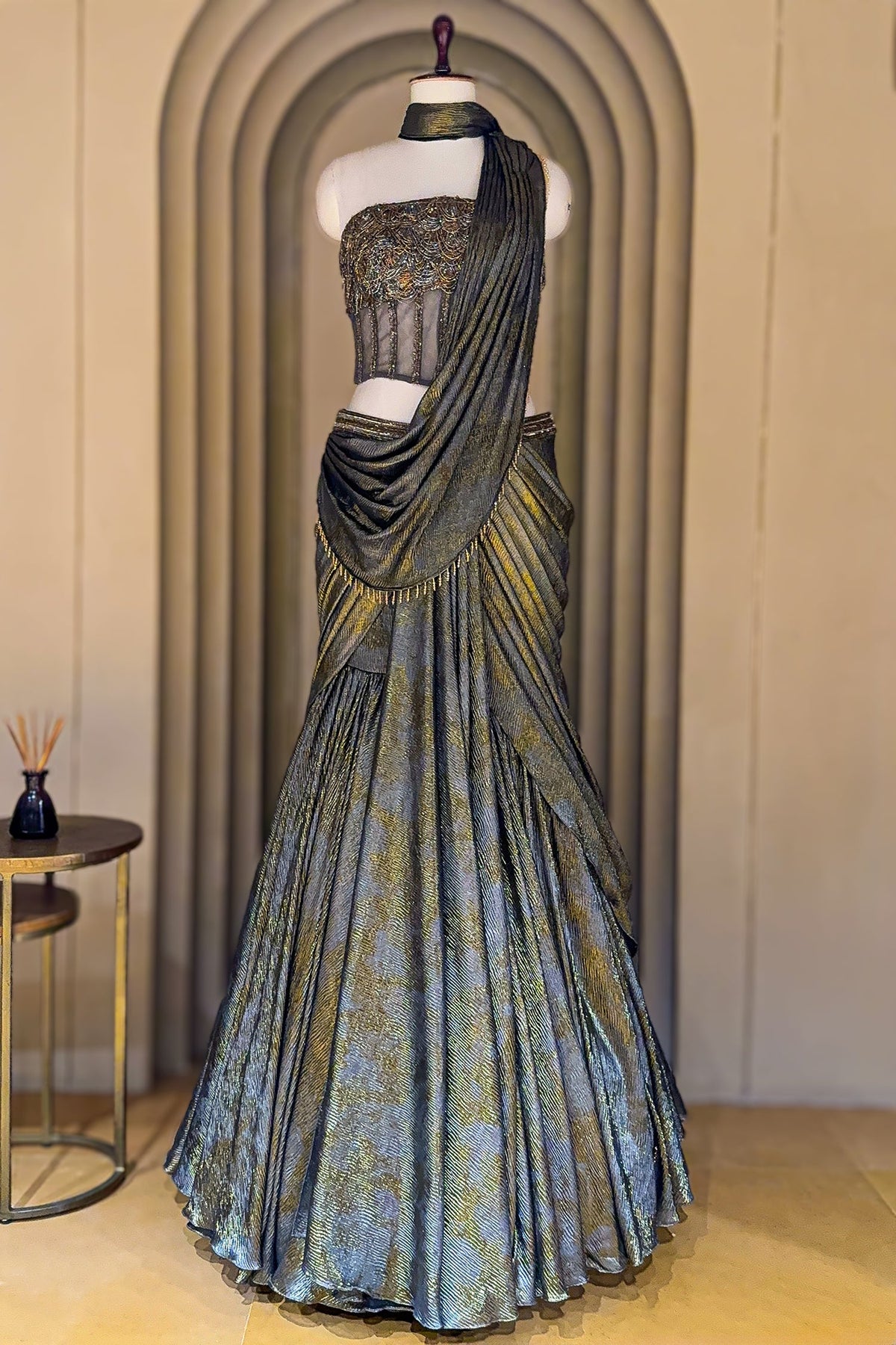 Grey Georgette Pre Draped Lehenga Style Saree with Cutdana Work Co-ord Set Blouse