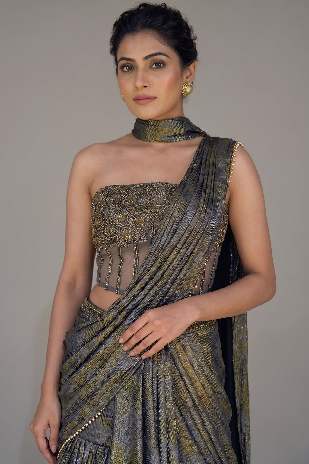 Grey Georgette Pre Draped Lehenga Style Saree with Cutdana Work Co-ord Set Blouse