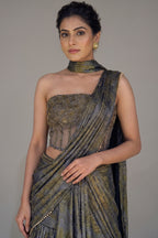 Grey Georgette Pre Draped Lehenga Style Saree with Cutdana Work Co-ord Set Blouse
