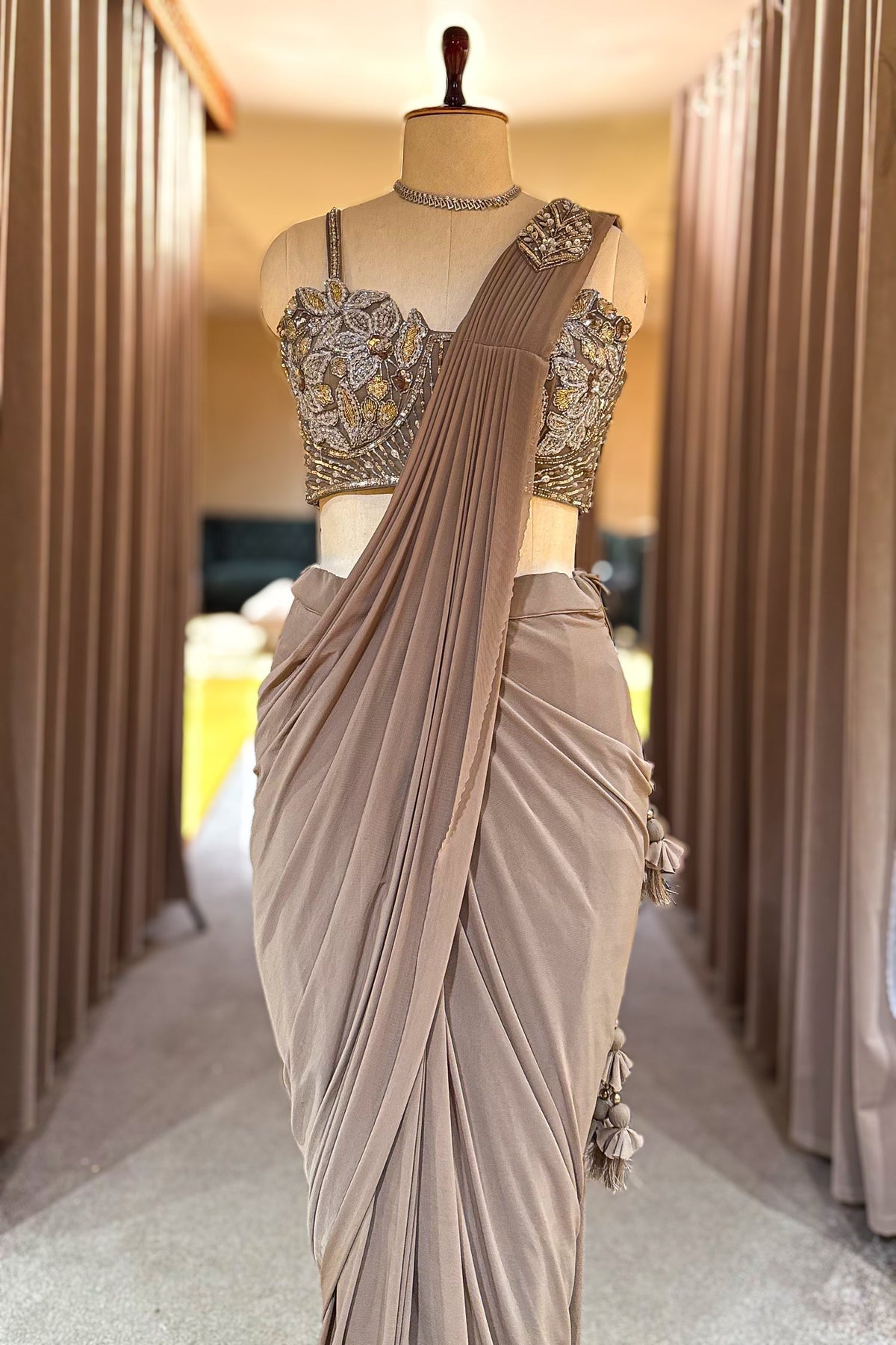 Taupe Pre-Draped Saree with Embellished Blouse