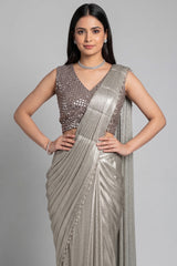 Silver Metallic Pre-Draped Saree with Embellished Blouse