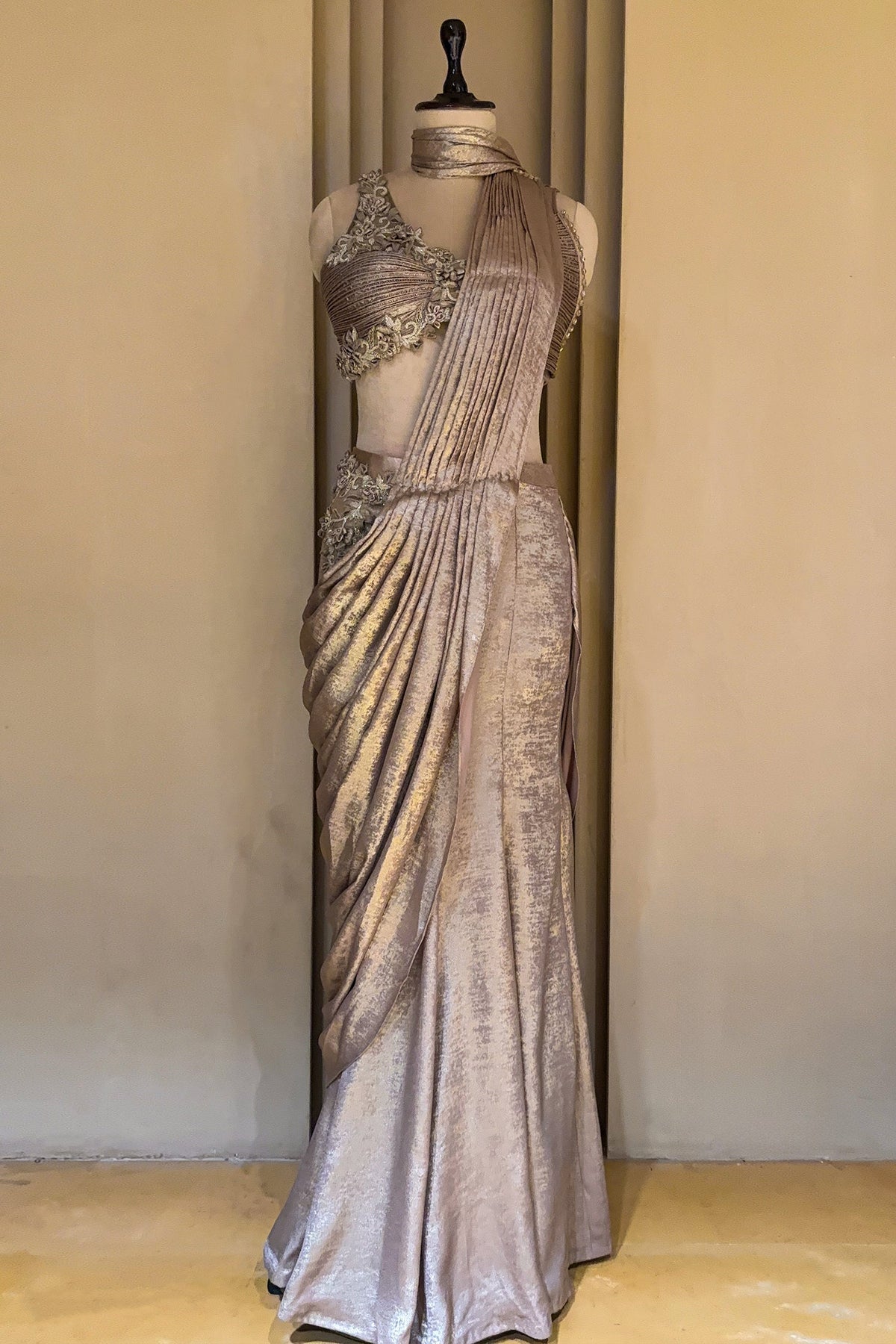 Champagne Beige and Rose Pink Imported Ready to Wear Saree with Designer Blouse