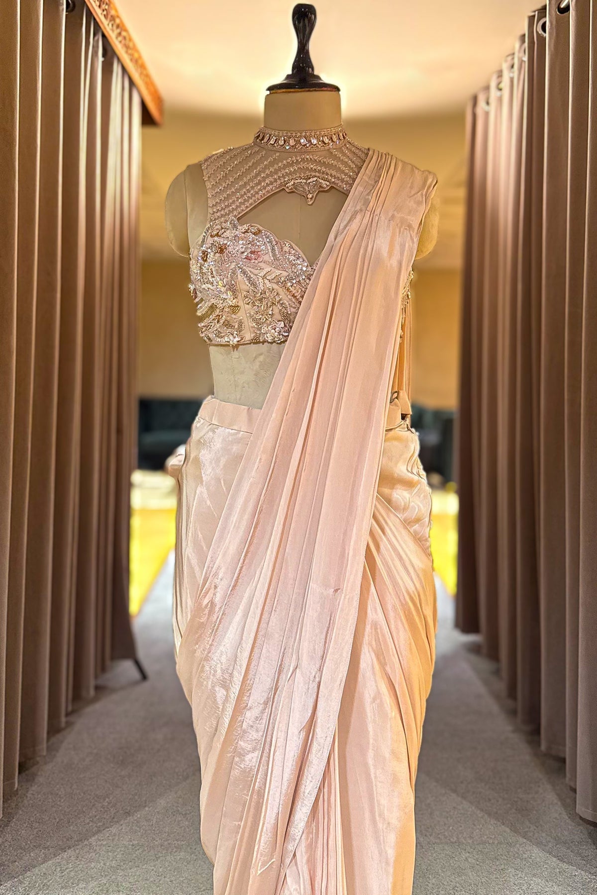 Blush Pink Organza Pre-Draped Saree with Embellished Blouse