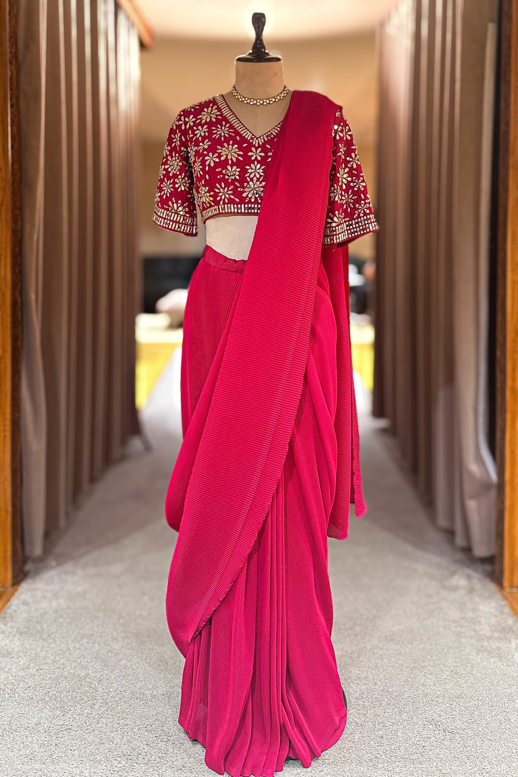 Pink Pre-Draped Saree with Embellished Floral Blouse
