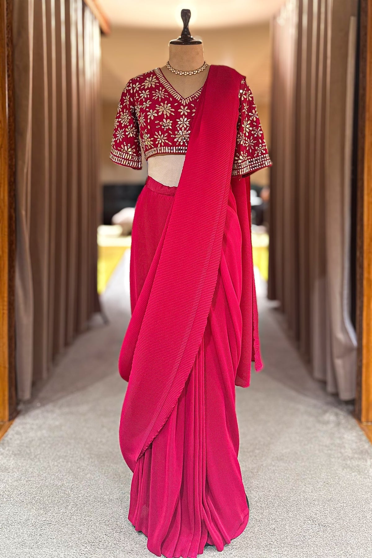 Pink Pre-Draped Saree with Embellished Floral Blouse