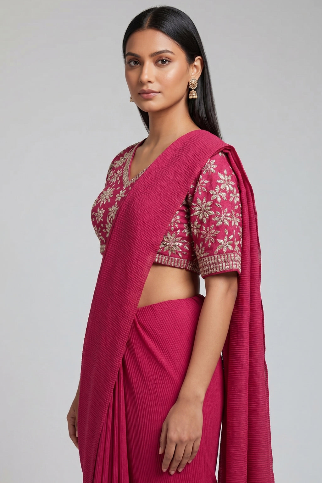 Pink Pre-Draped Saree with Embellished Floral Blouse