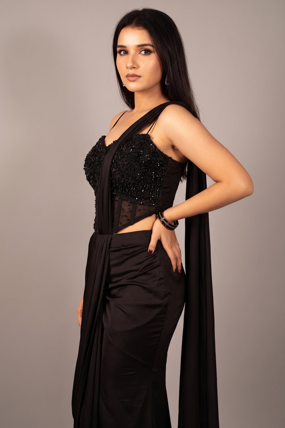 Black Satin Pre Draped Palazzo Saree with Pearl Work Corset Blouse