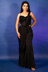 Black Satin Pre Draped Palazzo Saree with Pearl Work Corset Blouse