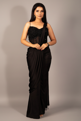 Black Satin Pre Draped Palazzo Saree with Pearl Work Corset Blouse