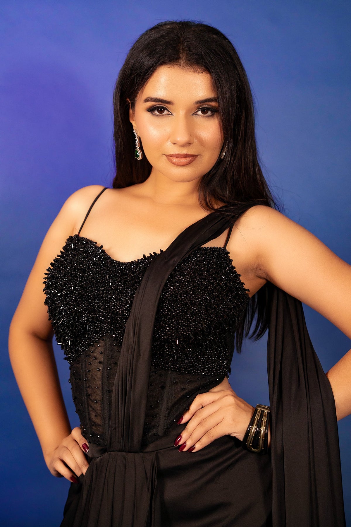 Black Satin Pre Draped Palazzo Saree with Pearl Work Corset Blouse