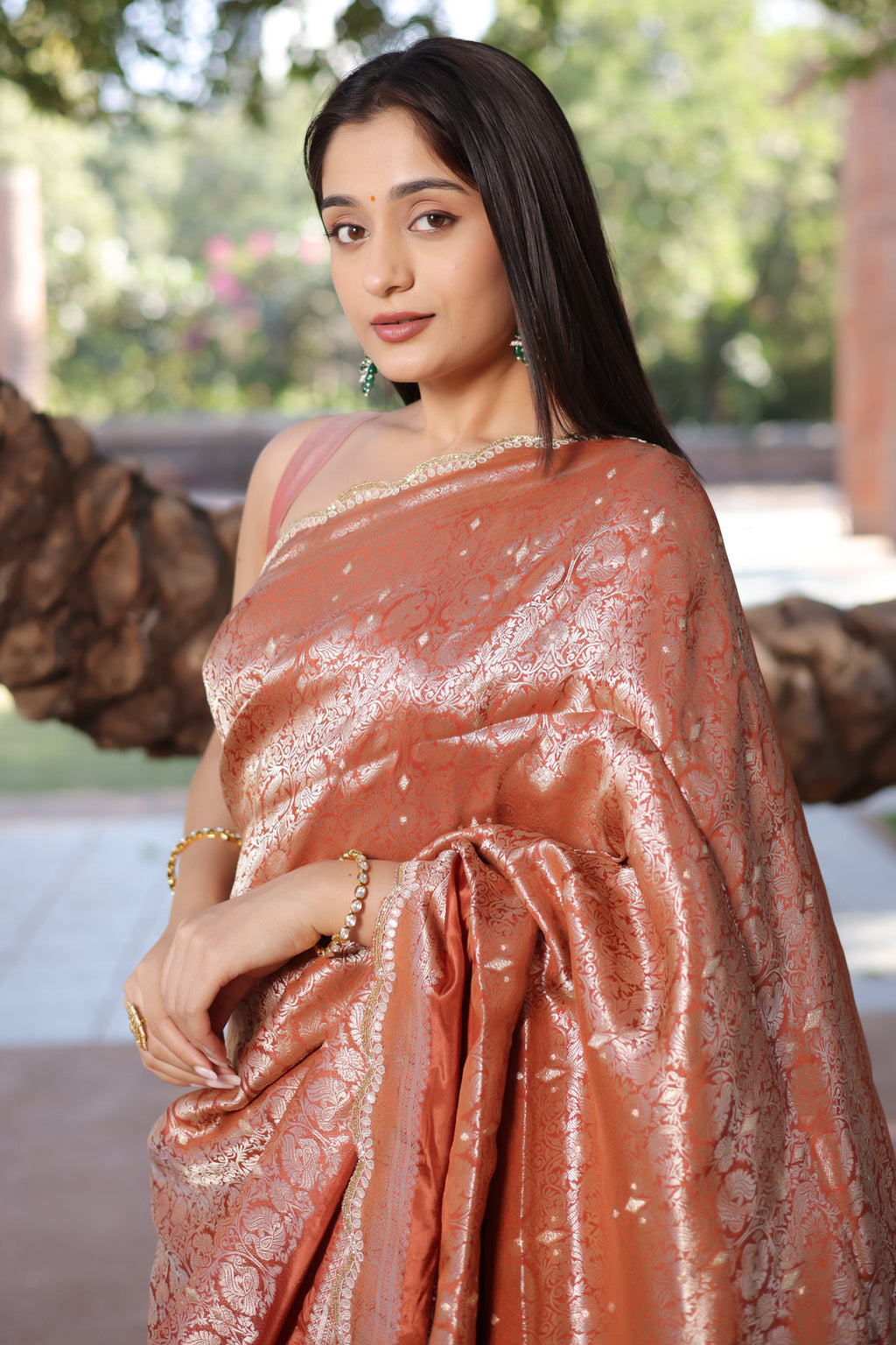 Orange Dola Silk Weaving Scallop Border Saree with Sequin Embroidered Butta
