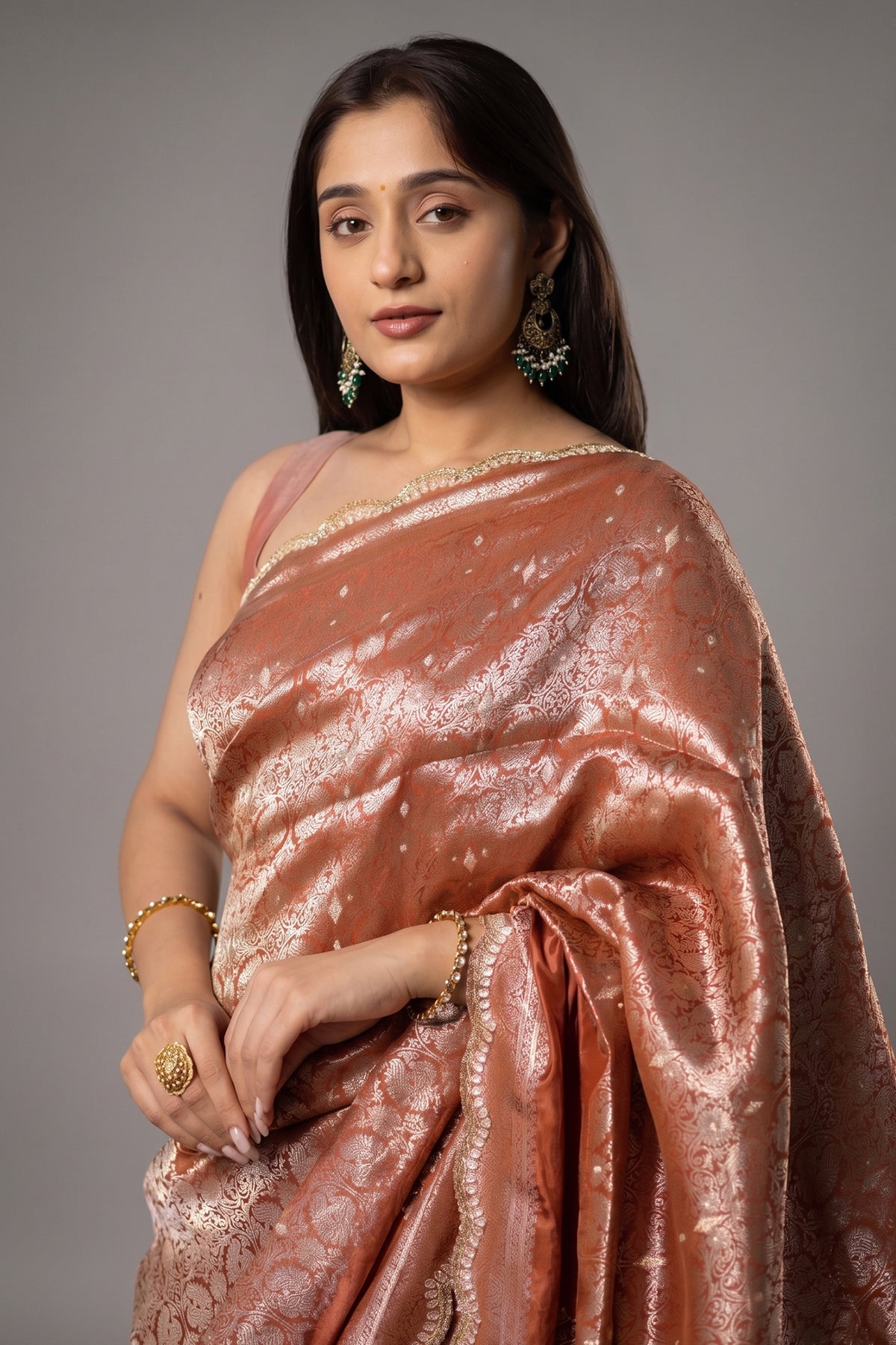 Orange Dola Silk Weaving Scallop Border Saree with Sequin Embroidered Butta