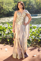 Beige Organza Tissue Saree with Kiran Lace Border
