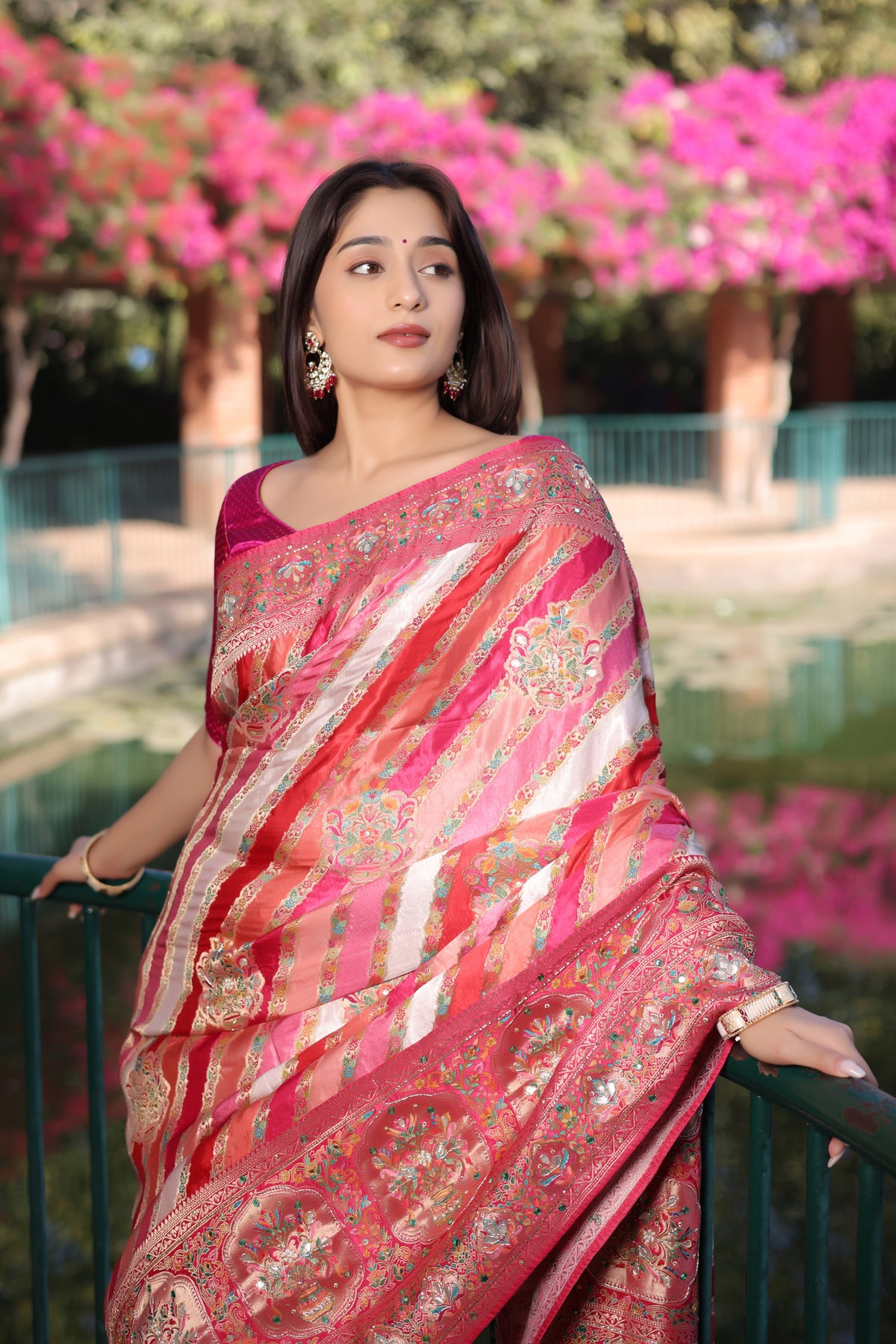 Multi Colored Modal Silk Weaving Stripes Saree with Gota and Cutdana Work