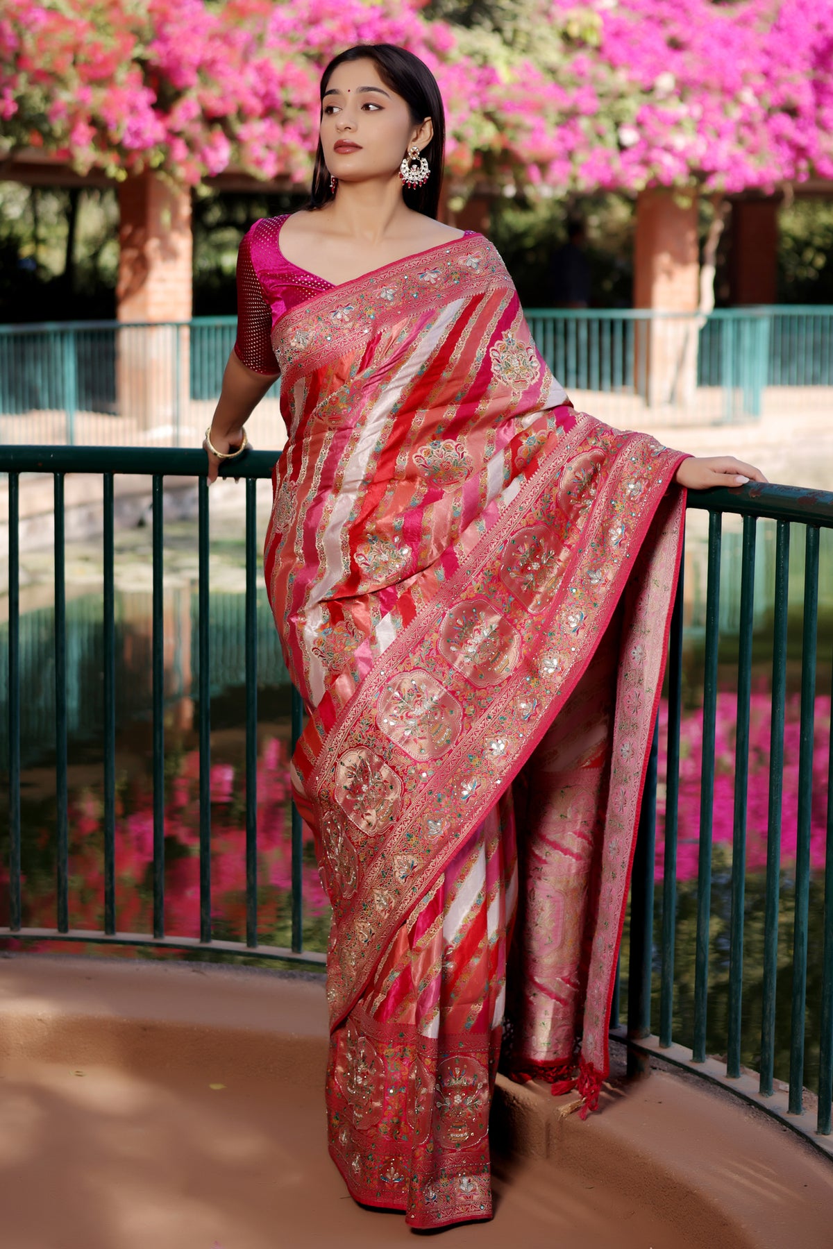 Multi Colored Modal Silk Weaving Stripes Saree with Gota and Cutdana Work