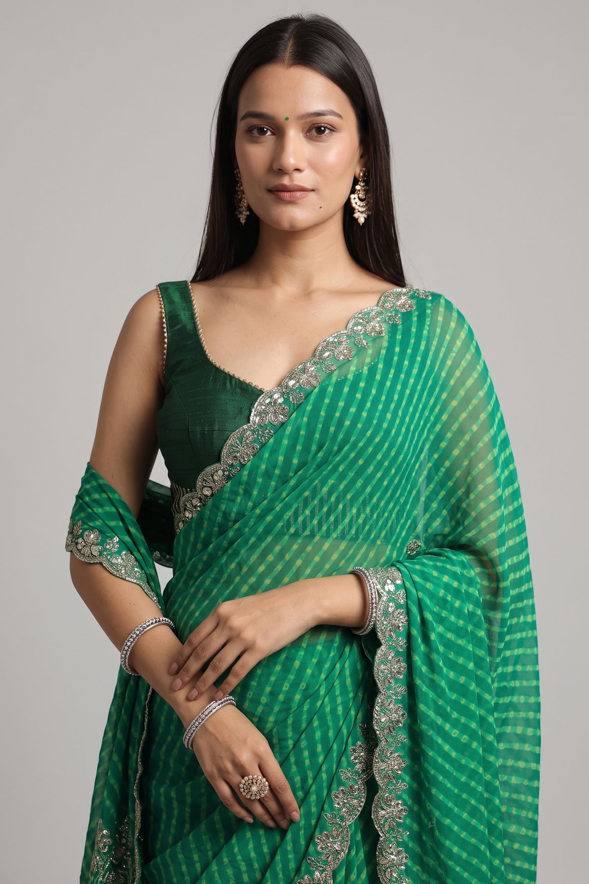 Green Chiffon Georgette Leheriya Saree with Sequin Work Scallop Border