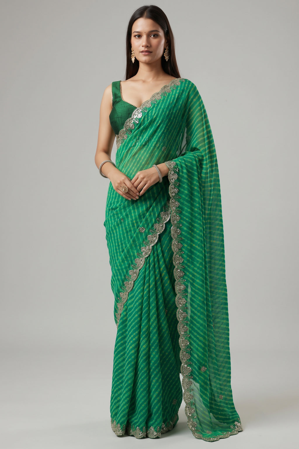 Green Chiffon Georgette Leheriya Saree with Sequin Work Scallop Border
