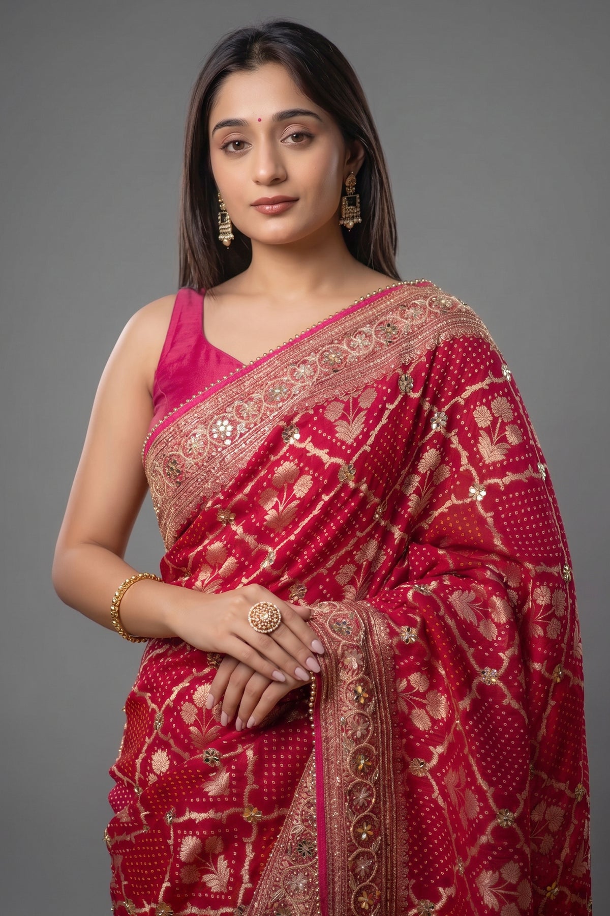 Pink Georgette Floral Woven Checks Saree with Sequin Beaded Work