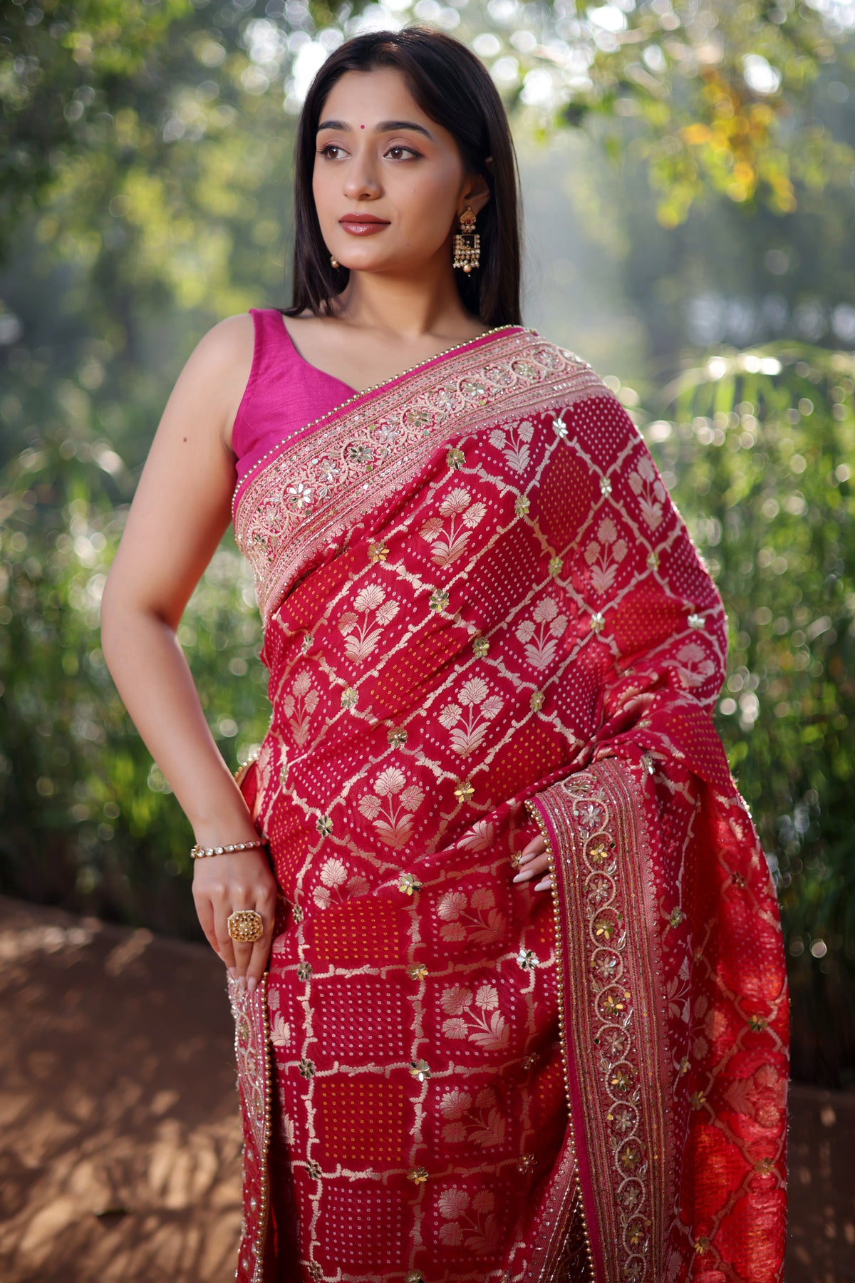 Pink Georgette Floral Woven Checks Saree with Sequin Beaded Work