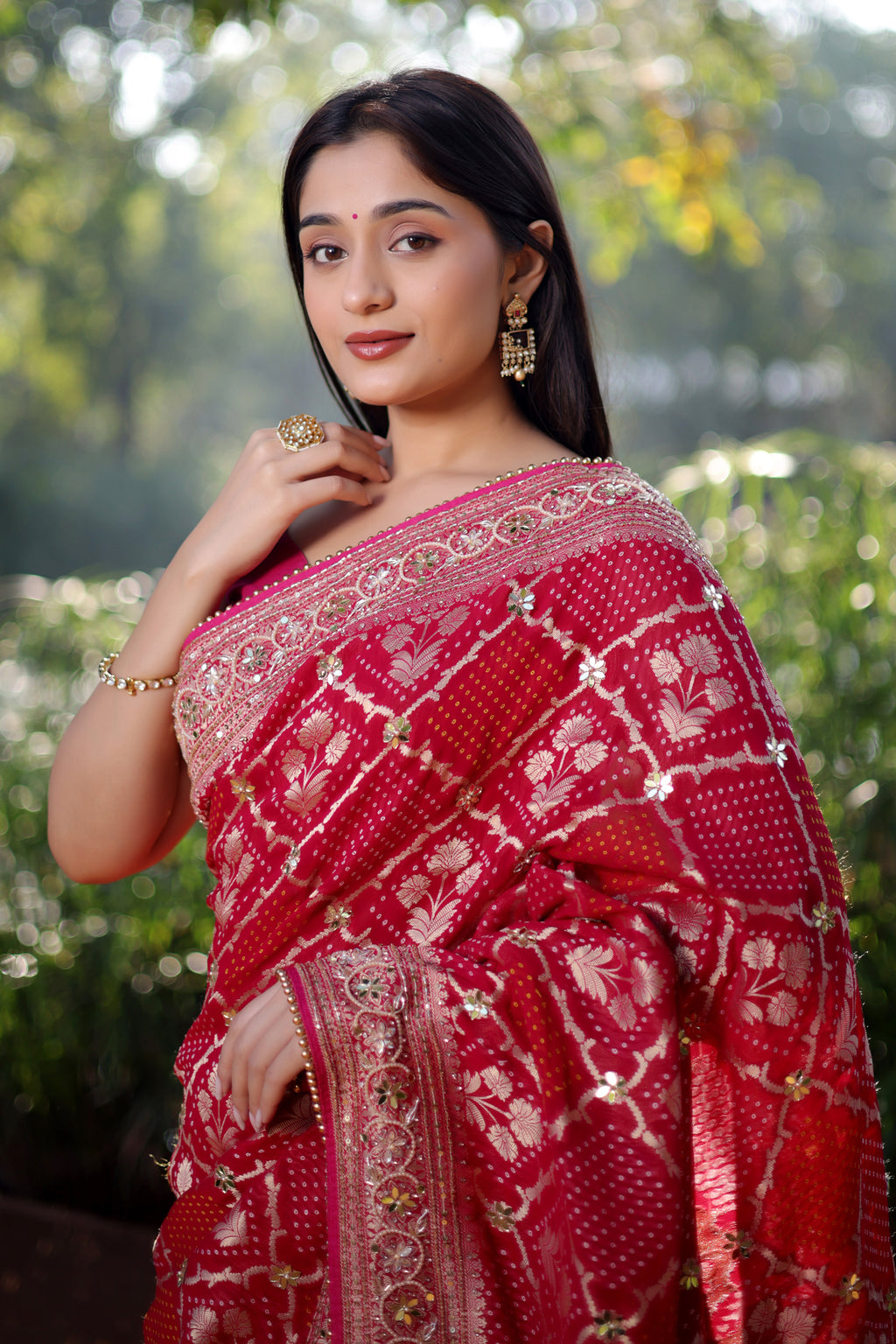 Pink Georgette Floral Woven Checks Saree with Sequin Beaded Work