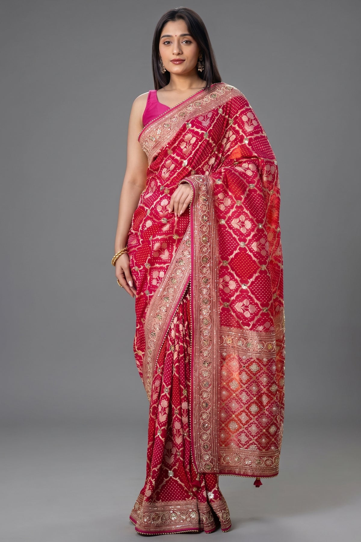 Pink Georgette Floral Woven Checks Saree with Sequin Beaded Work