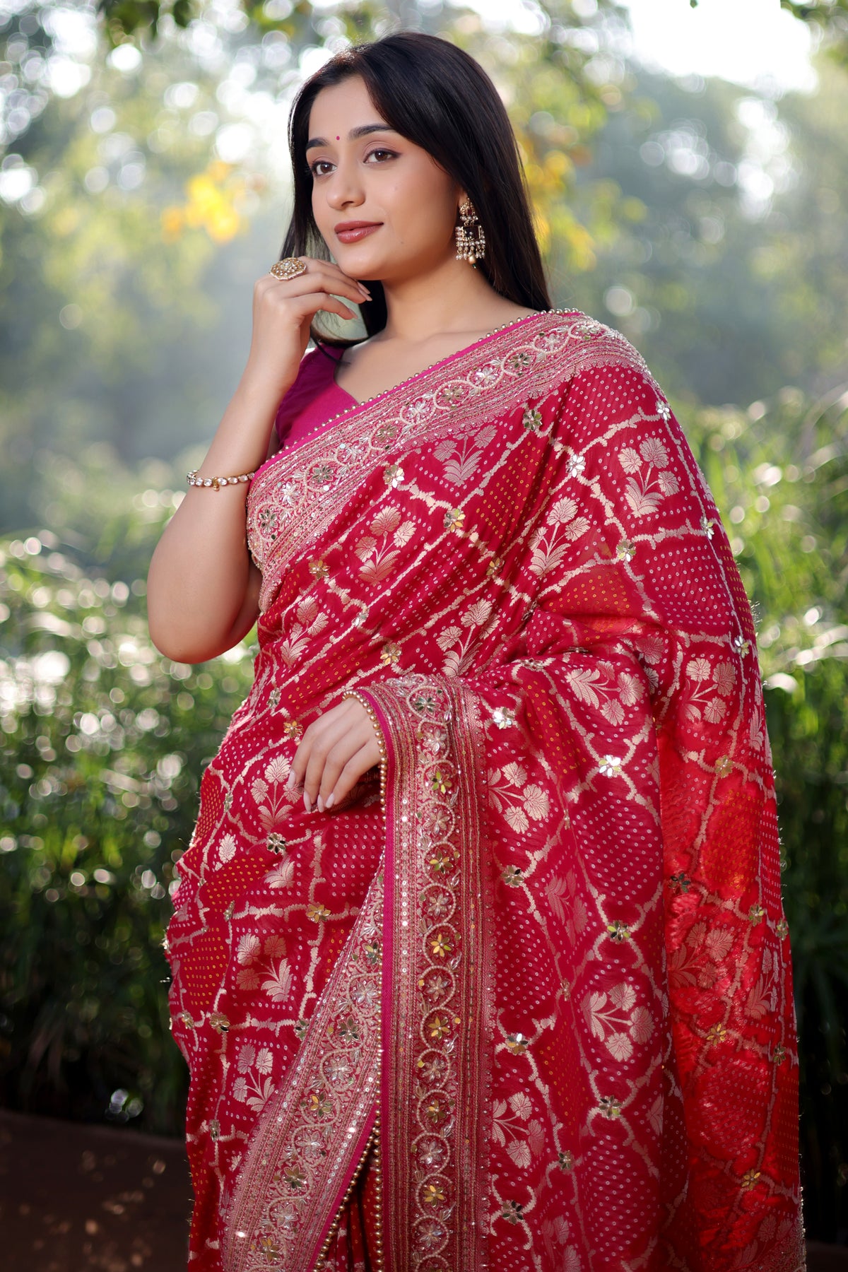 Pink Georgette Floral Woven Checks Saree with Sequin Beaded Work