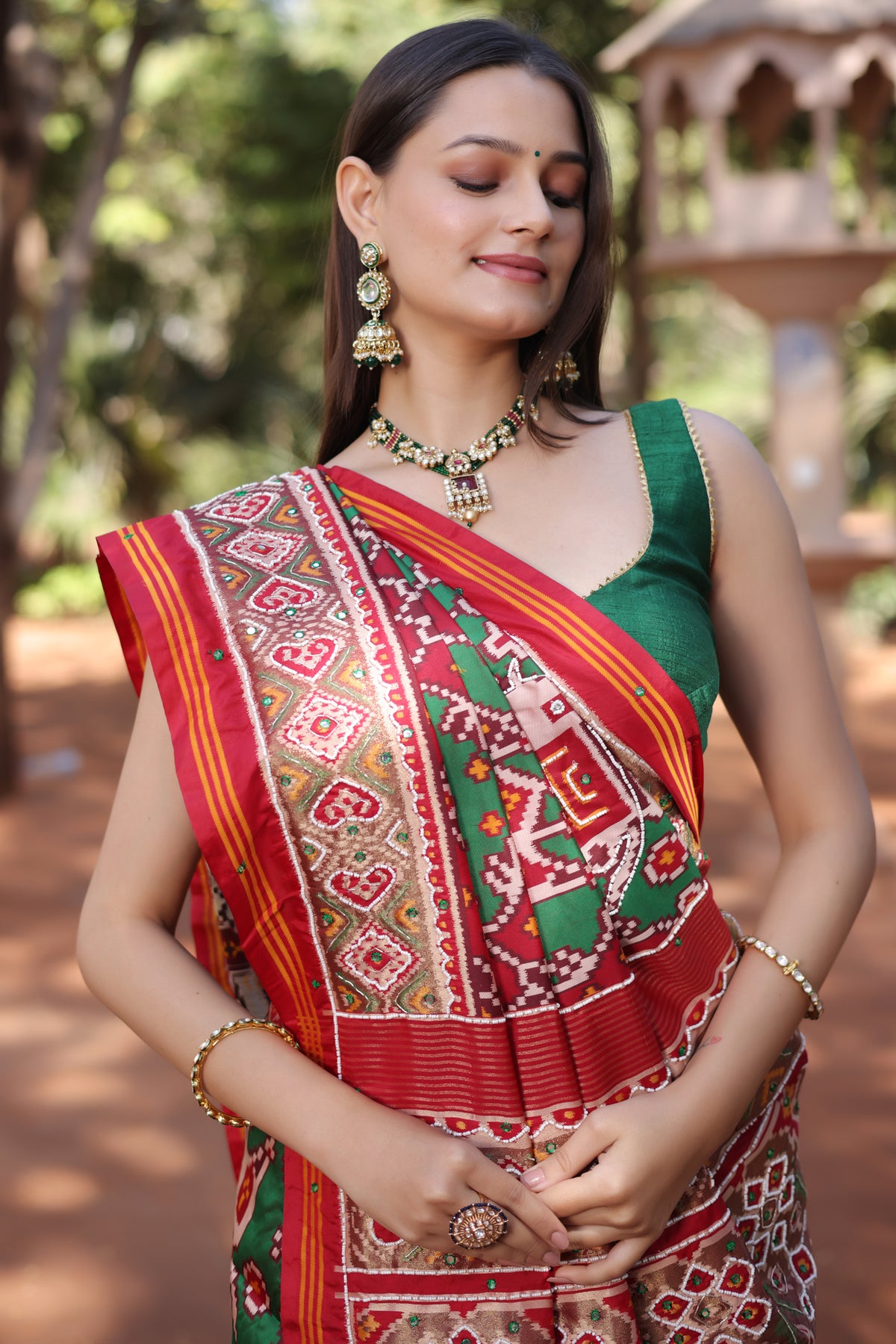 Green Silk Traditional Patola Saree with Beaded Work