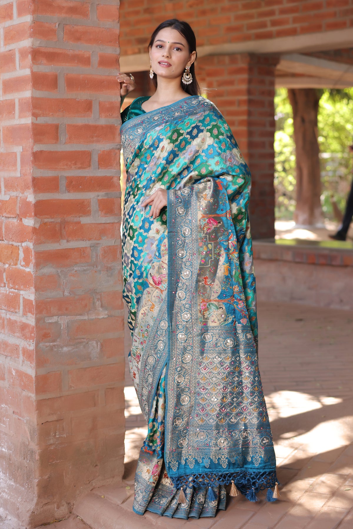 Blue and Multi Colored Modal Silk Woven Saree with Gota and Applique Work