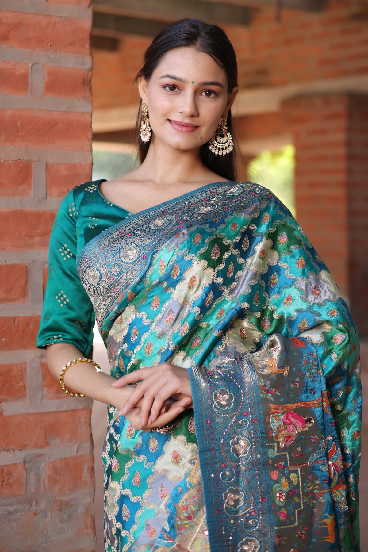 Blue and Multi Colored Modal Silk Woven Saree with Gota and Applique Work