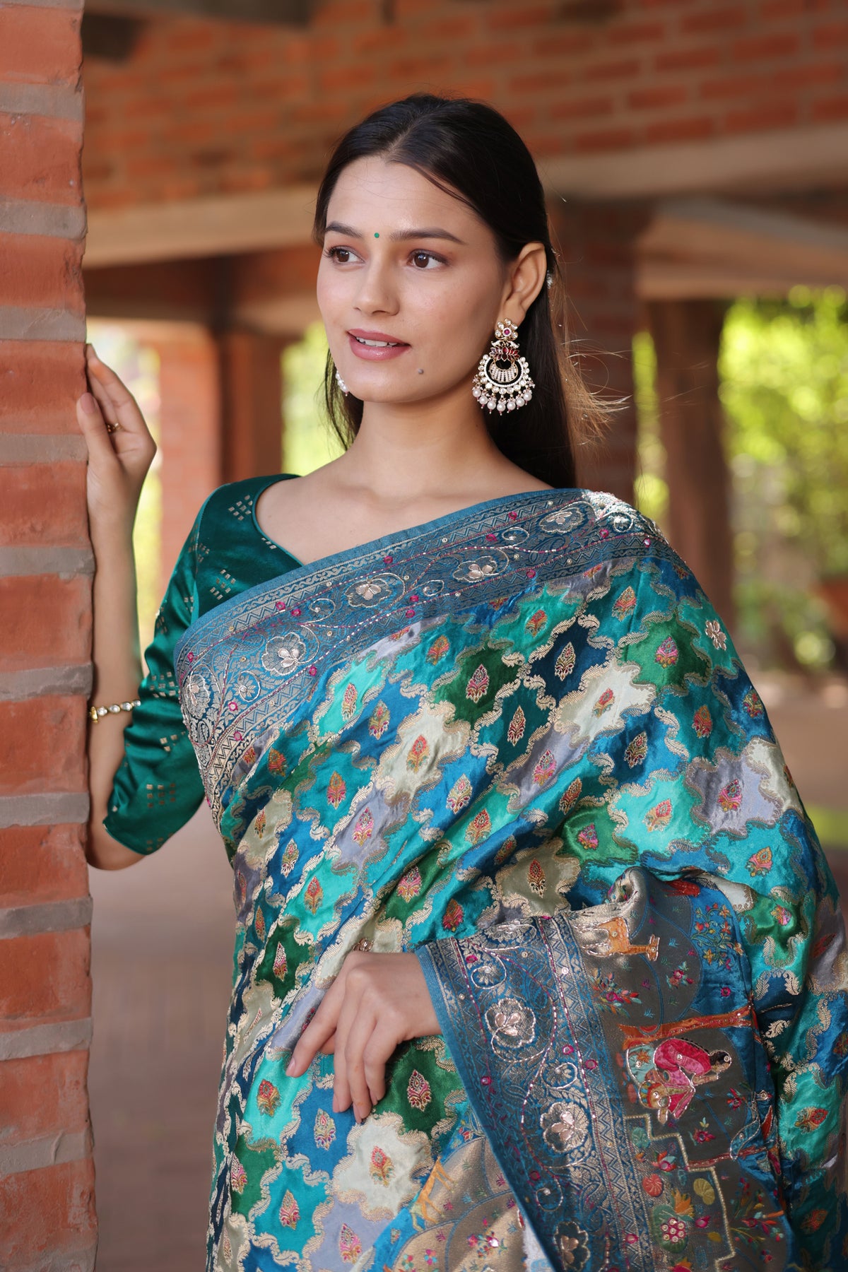 Blue and Multi Colored Modal Silk Woven Saree with Gota and Applique Work