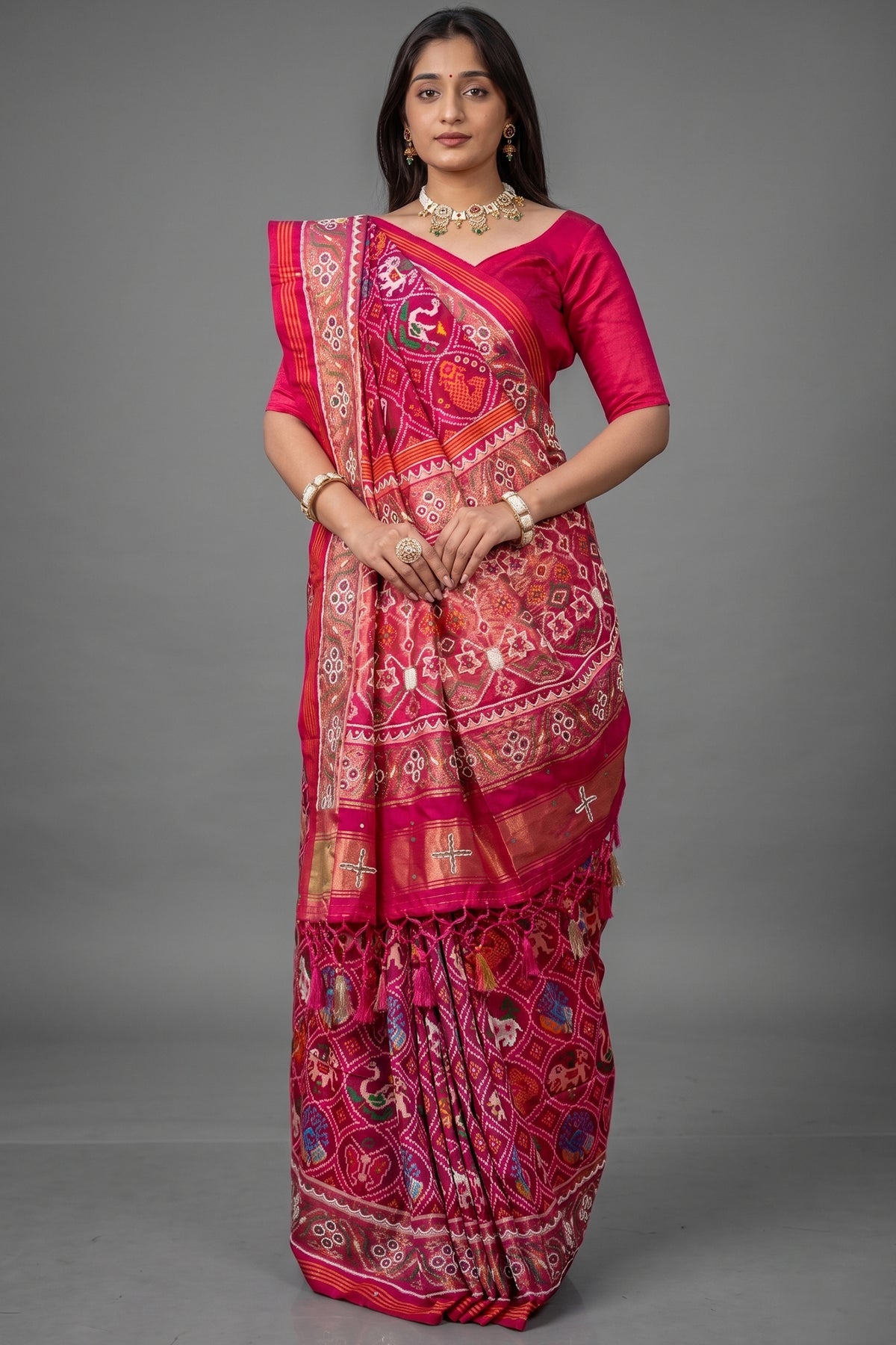 Pink Silk Traditional Patola Saree with Bead Work Main image