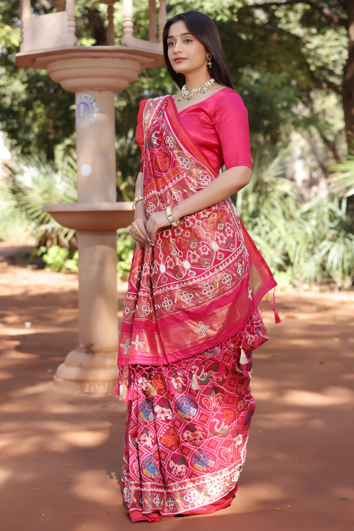 Pink Silk Traditional Patola Saree with Bead Work