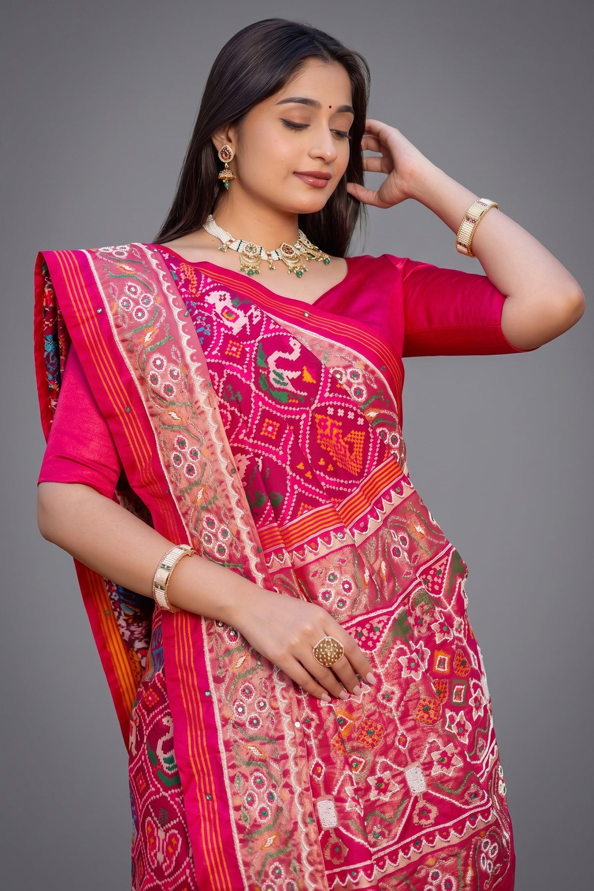 Pink Silk Traditional Patola Saree with Bead Work
